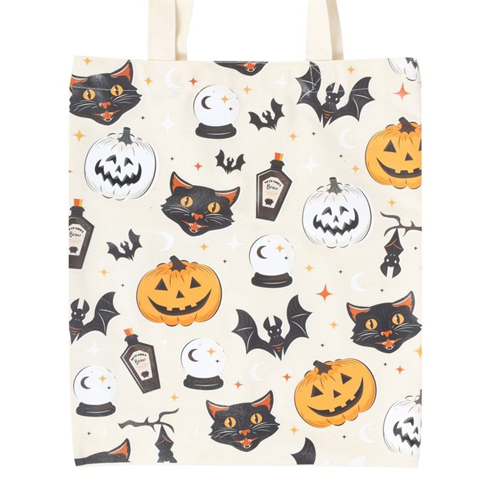 Spooky Cat and Pumpkin Print Polycotton Tote Bag