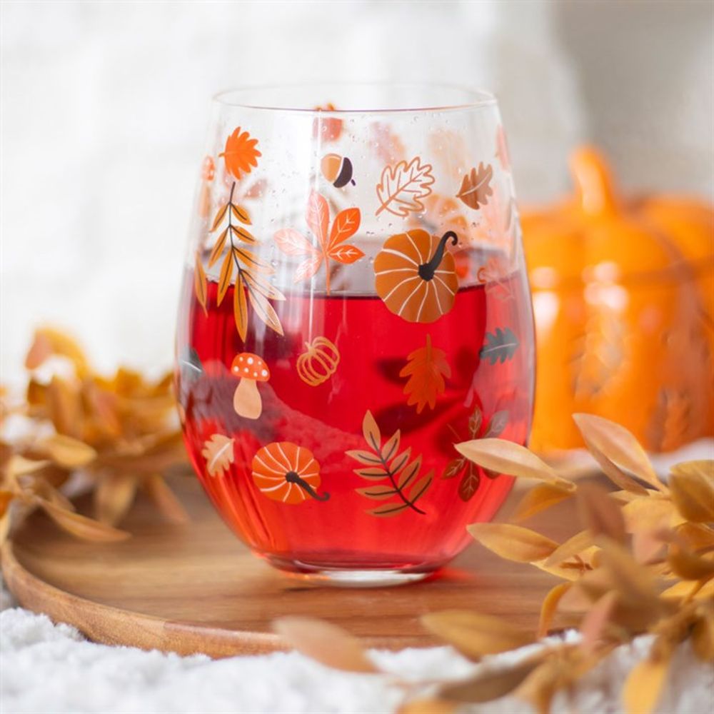 Autumn Pumpkin Leaves and Pumpkins Stemless Glass