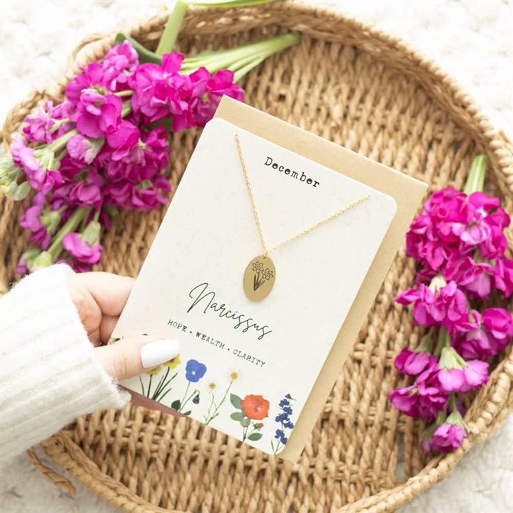 December Narcissus Birth Flower Necklace Card